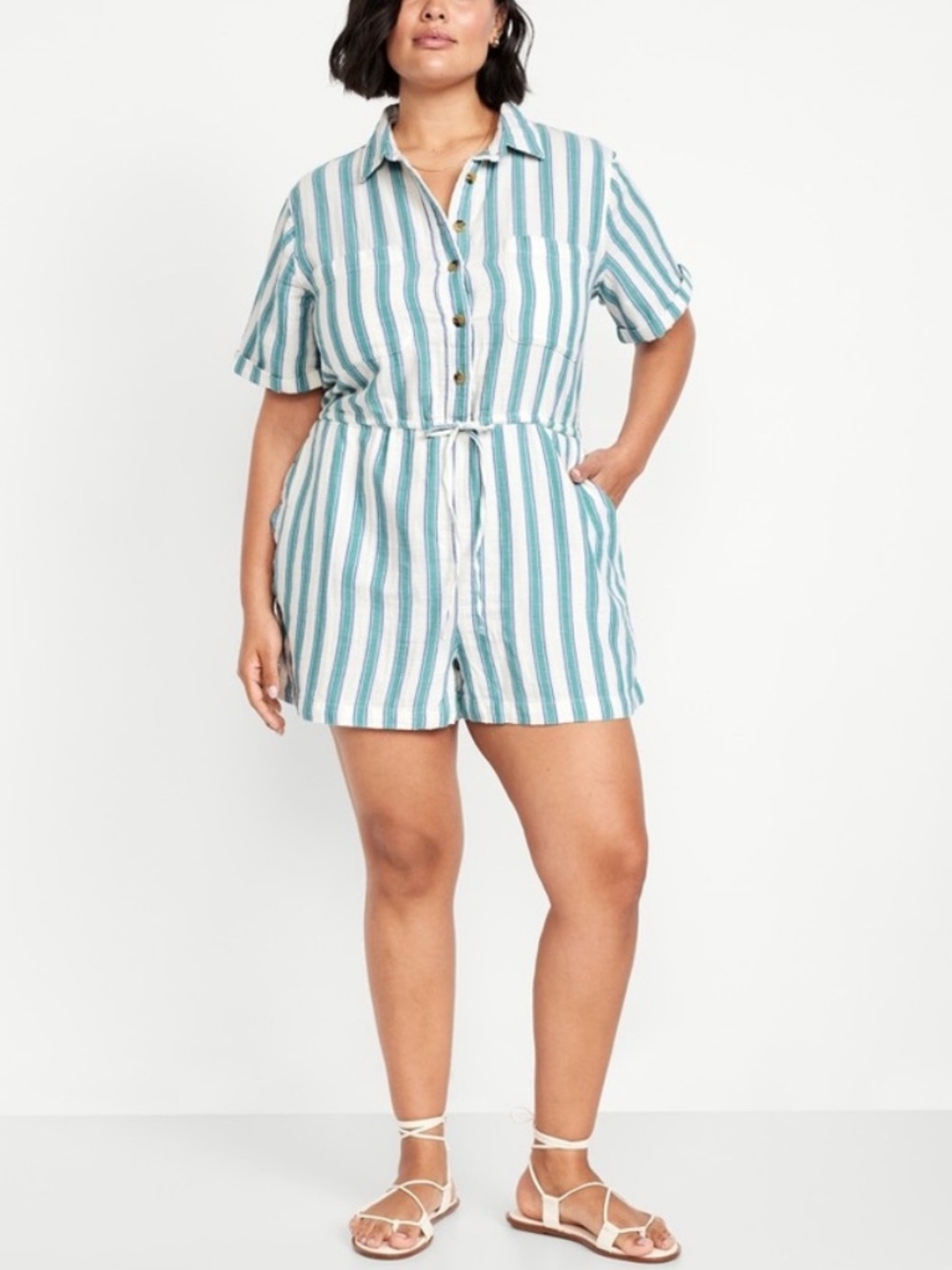 Old Navy Crinkle Cotton Gauze Button-Down Romper in Blue Stripe - Size XL Petire